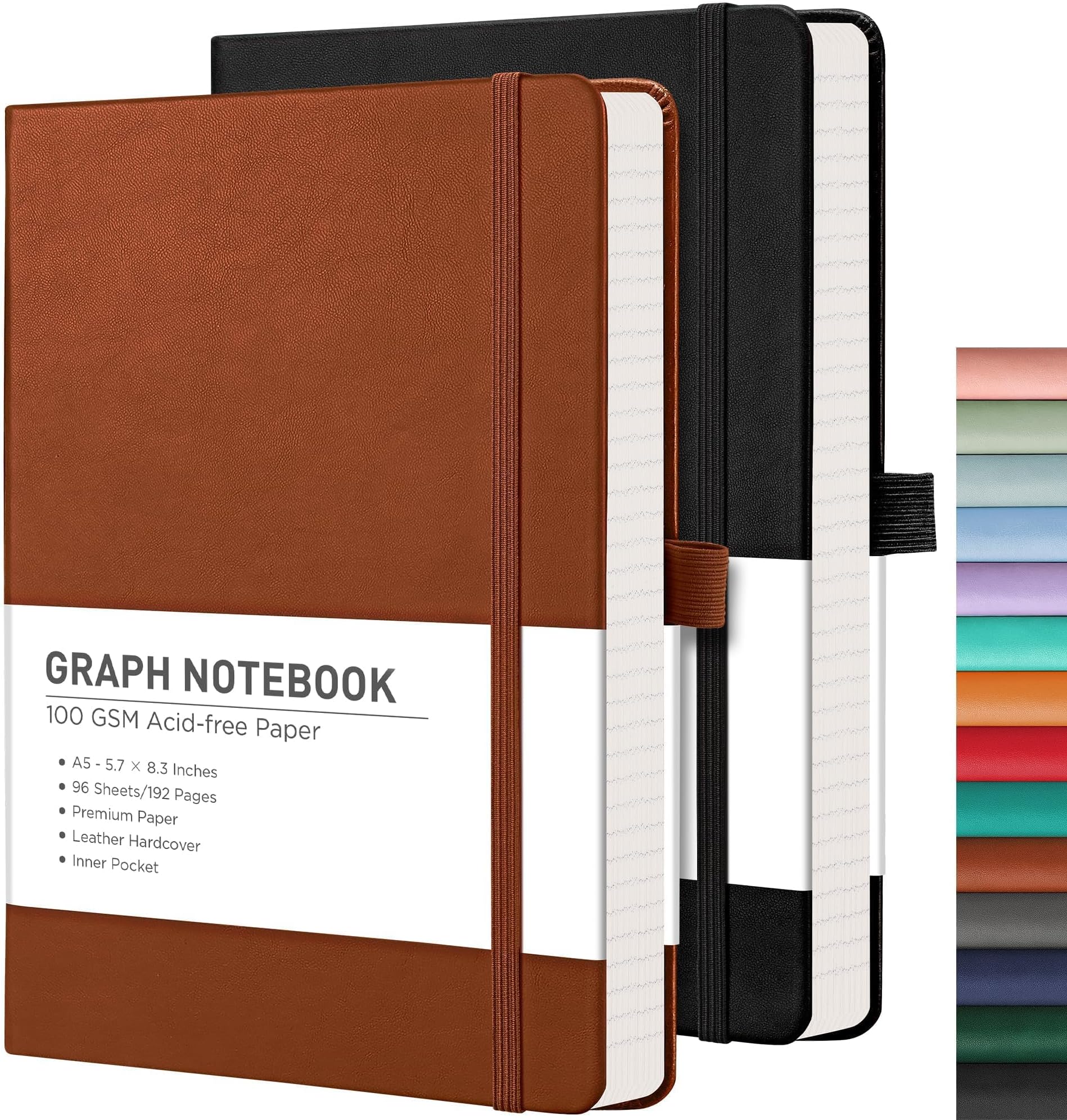 Graph Grid Paper Notebook, 2-Pack, 192 Pages per Pack, A5 Medium Size (5.7'' x 8.3''), Leather Hardcover, 100 GSM Thick Paper, for School, Students, Math, Engineering (Black & Brown)