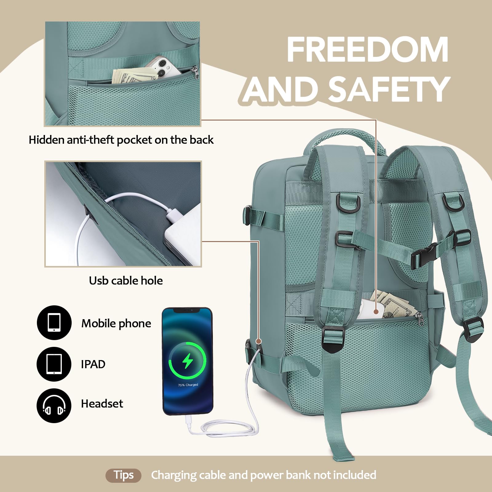 Xkdoai Zaino 40x30x20 per Ryanair Zaino da Viaggio Bagaglio a Mano 40x30x20 Ryanair con Borsa Antifurto e Tasca per Bottiglie per Viaggi Brevi