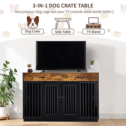 Miniatura 4 de VECELO Mueble de jaula para perros medianosgrandes, jaula de madera para perros con cajones, puerta doble, mesa auxiliar para perreras, color marrón