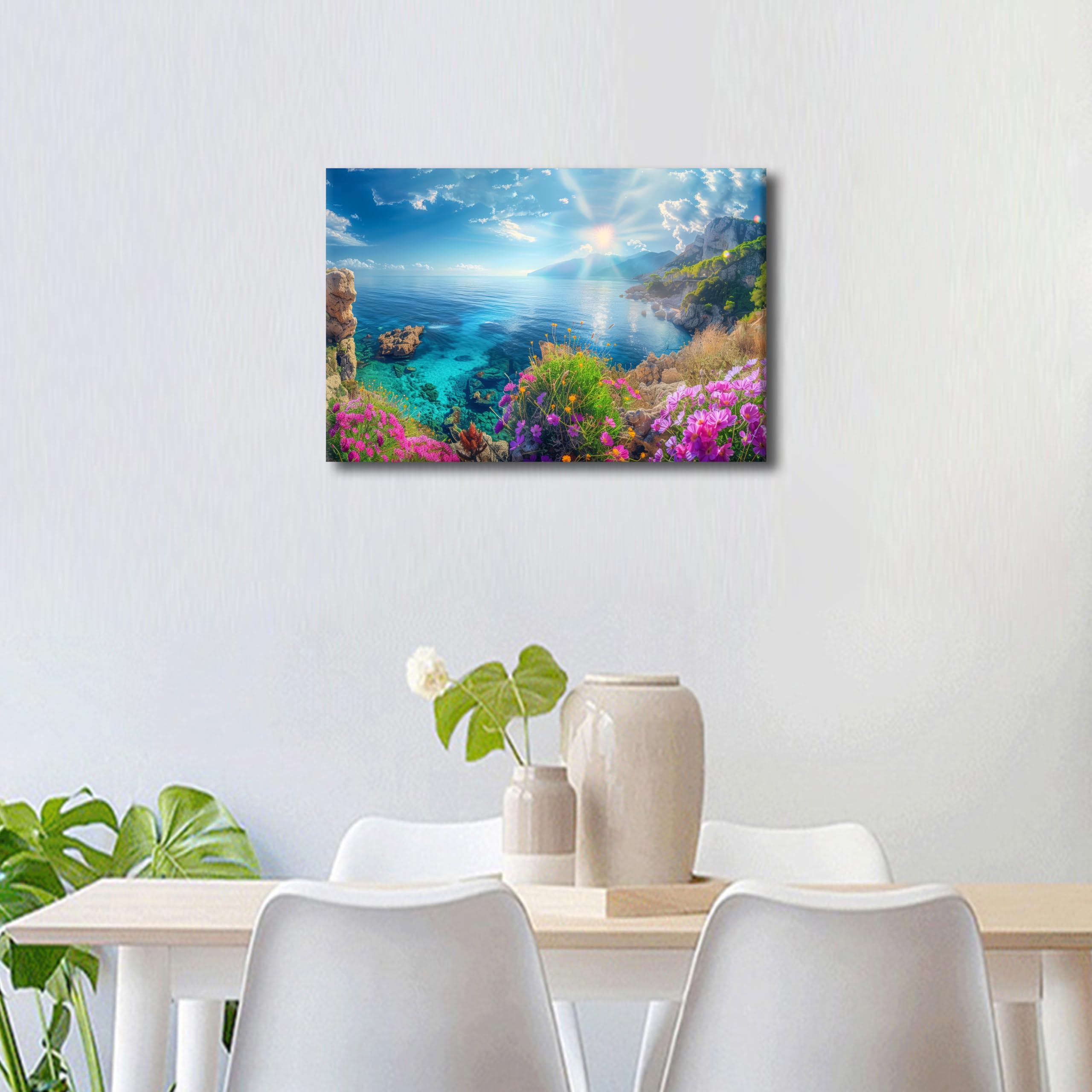 TISHIRON 1 Panel Canvas Prints Seascape Art Print Wall Art Summer Beach Flowers Pictures Wall Painting Coast Flower Artwork for Home Decor Stretched and Framed Ready to Hang 16" Wx24 H - Image 3