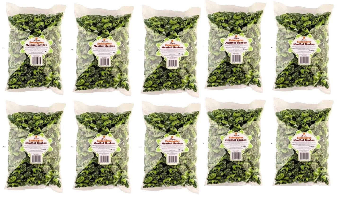10 Tüten Rexim Euka Menthol Bonbons gewickelt a 1kg mit echtem Eukalyptus Öl + Space Keks gratis a 45 g von Onlineshop Bormann