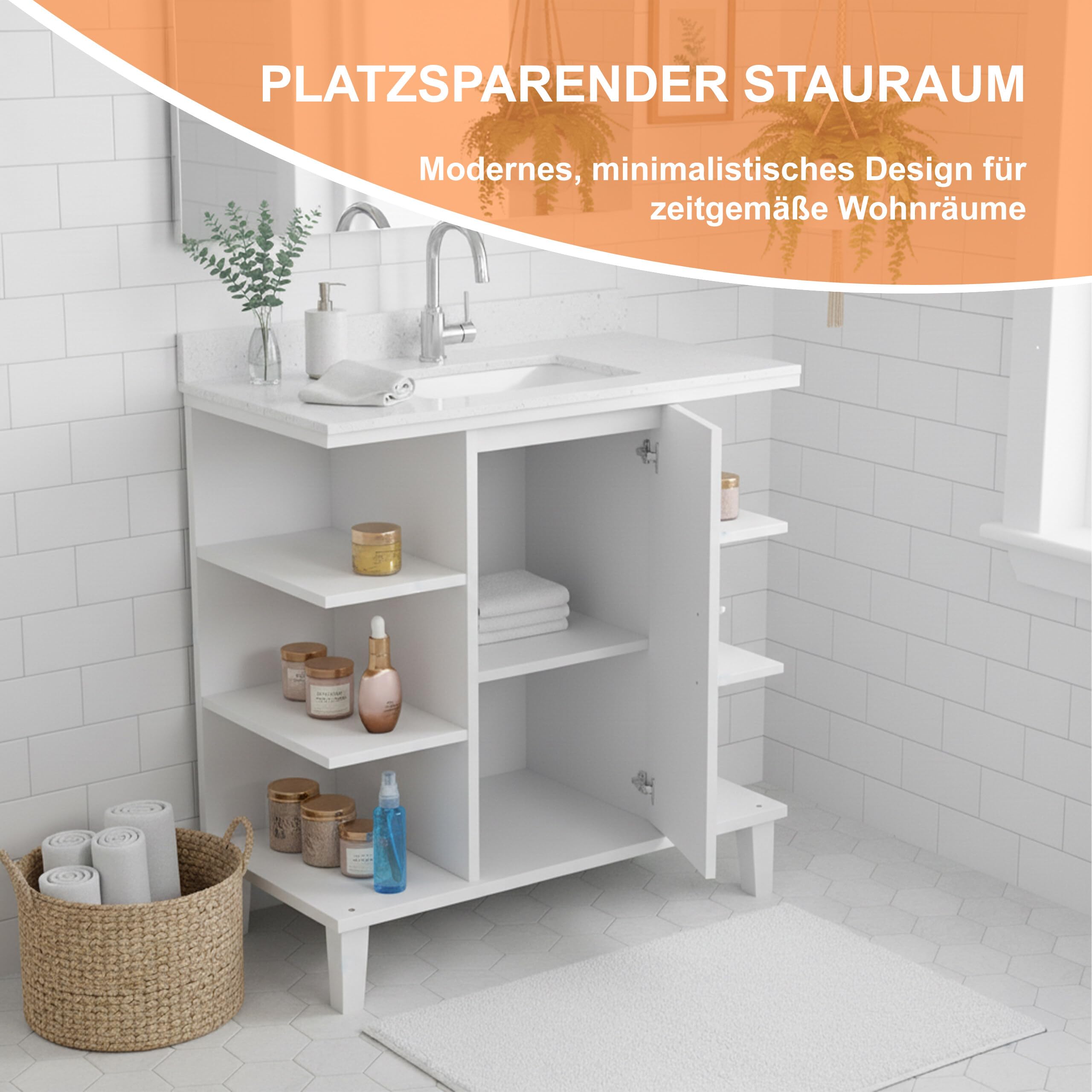 Relaxdays Waschbeckenunterschrank mit Tür und 6 Ablagen, HBT: 65x64x31 cm, MDF, Badunterschrank Waschbecken, weiß