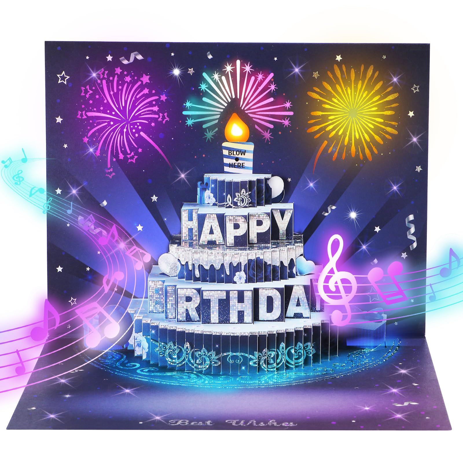 APOTODITO Musical Birthday Cards, 3D Pop Up Card with Music and Light, Firework Birthday Cards with Interactive Blowable Candle, Gift for Her Him Mom Grandma Wife Husband (Blue and Silver)