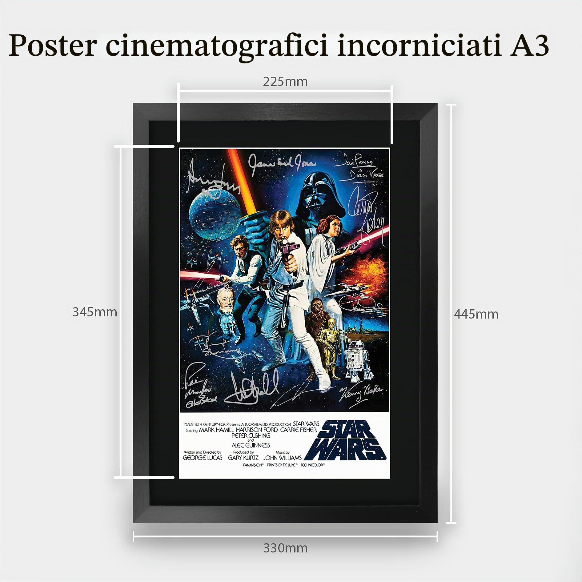 HWC Trading, incorniciato, tema Guerre stellari, Poster della collezione cinematografica con firme del cast, in formato A3, stampa con autografi, per regalo, stampa fotografica, Una nuova speranza