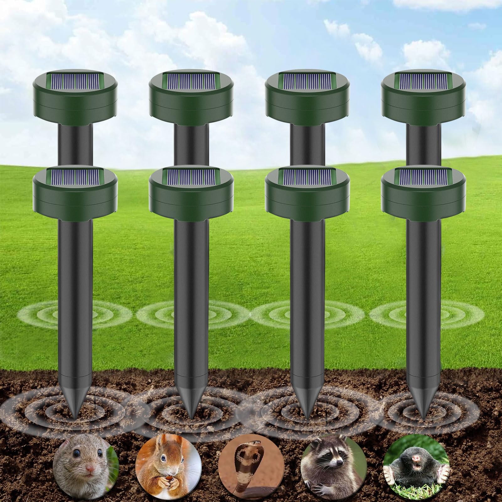 Mole Repellent Ultrasonic, Solar Mole Repeller Outdoor, IP66 Waterproof, Quietly Repels Mole, Vole, Gopher, Snake Control Device, Mole Deterrents for Gardens/Orchards/Lawn (8 Pack)