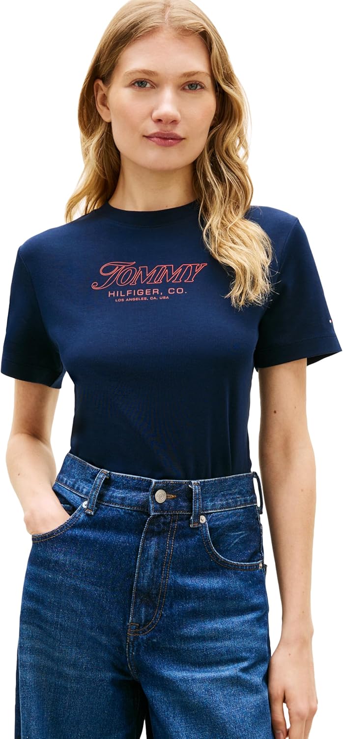 Tommy Hilfiger Women's Short Sleeve Crew Neck Tilted Graphic T-Shirt