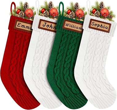 Personalized Christmas Stockings Knitted Set of 4 18 Large Knit Family Christmas Stocking Custom Name with Leather Patches White Red Green Bulk Xmas Stocking Hanging Decorations for Home Party