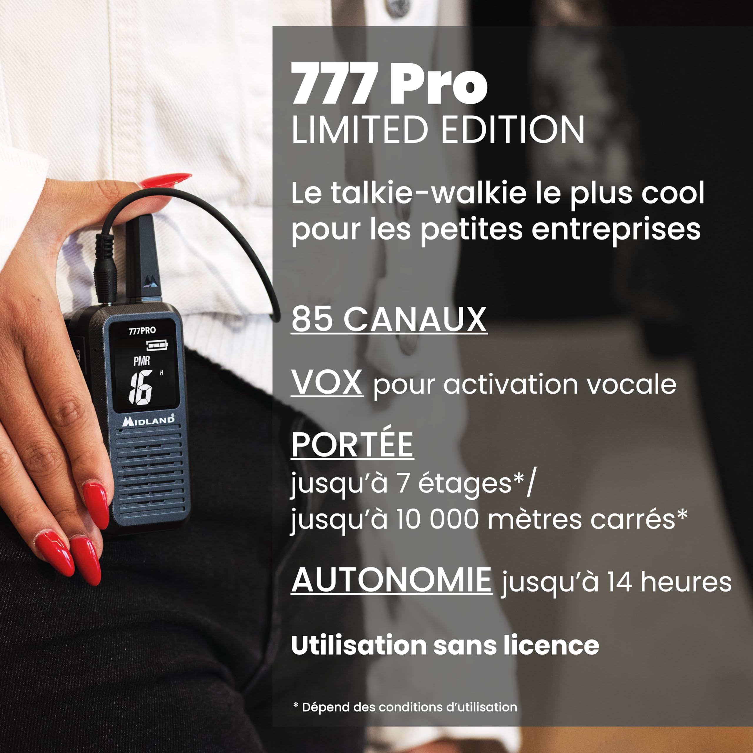 Midland - Talkie Walkie Professionnel 6Km 777 Pro, 2 Radio Récepteur Émetteur pour Sécurité, 85 Canaux - 16 PMR446/69 LPD, 38 CTCSS e 104 DCS, Autonomie 14H, Écran Numérique et Piles Rechargeables