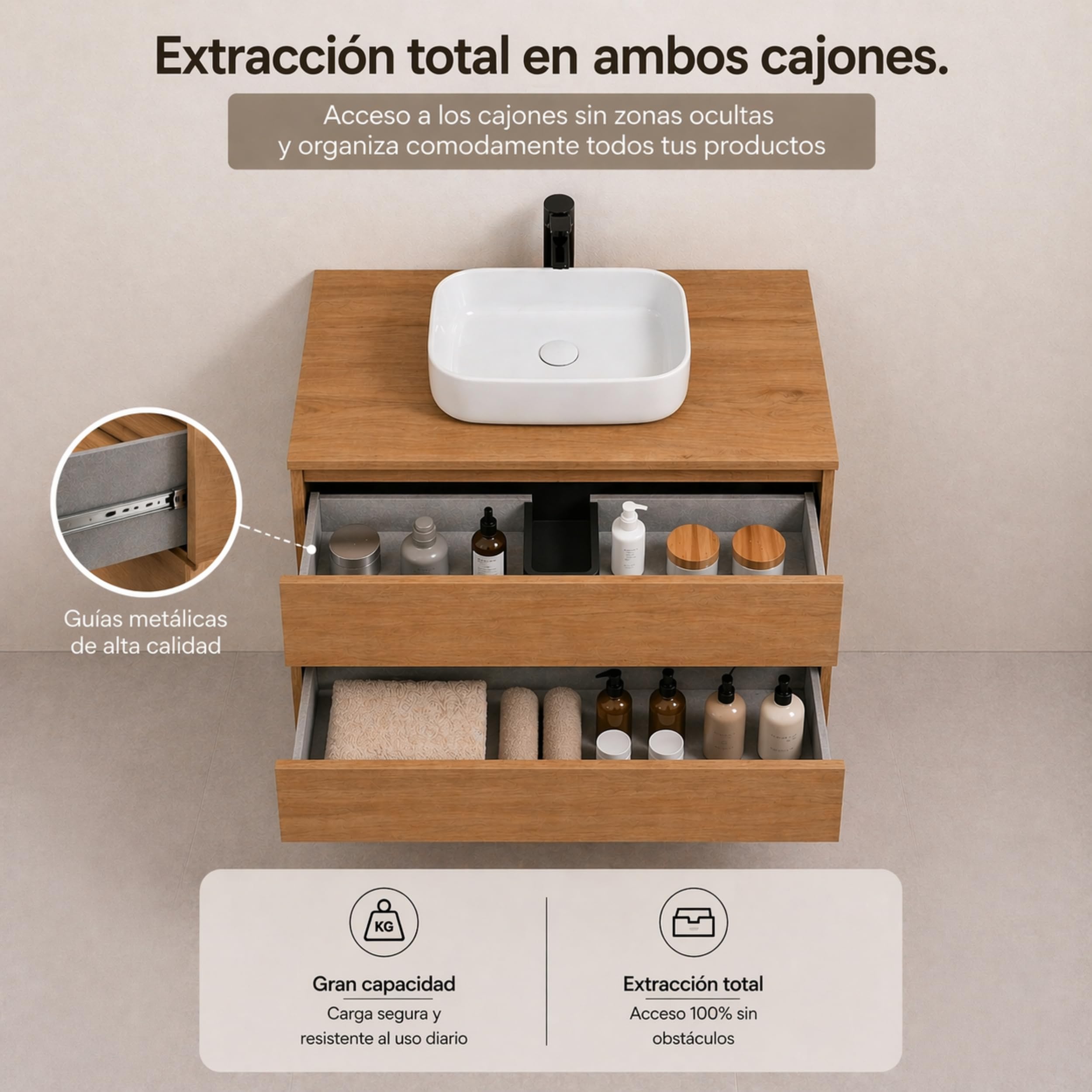 Mueble Baño con Lavabo sobre Encimera Y Espejo Mueble Suspendido De 2 Cajones con Cierre Suave Silent System Montado En Acabado Roble Gold 60 Cm Ancho 45 Cm Fondo 52 Cm Alto