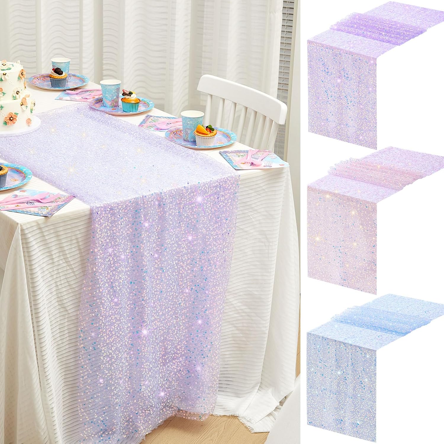 3 Pcs Mermaid Table Runner 24 x 120 Inch Iridescent Sequin Glitter Table Runner Lavender Party Supplies Wedding Birthday Baby Shower Party Decor(Purple, Blue, Pink)