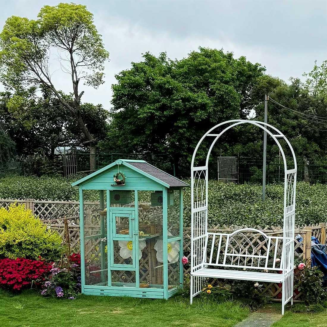 White Metal Garden Arch with Bench,Outdoor Garden Arbor Arch Trellis for Climbing Plants Vines,Black Rose Arch Arbour 45in L x 20in W x 83in H(White)