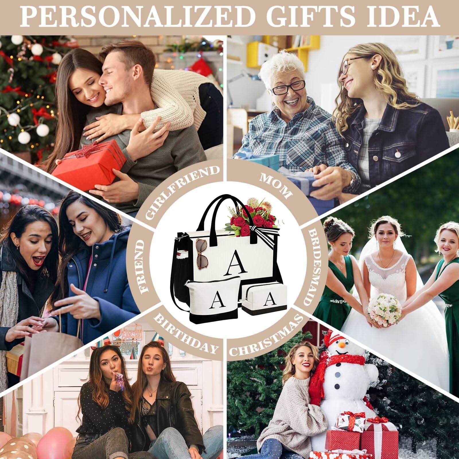 Bolsa de lona con inicial y bolsa de maquillaje, regalos de cumpleaños personalizados para mujeres, mamá, hija, hermana, amigas, profesora, regalos de boda para dama de honor, Blanco, Mediana 2