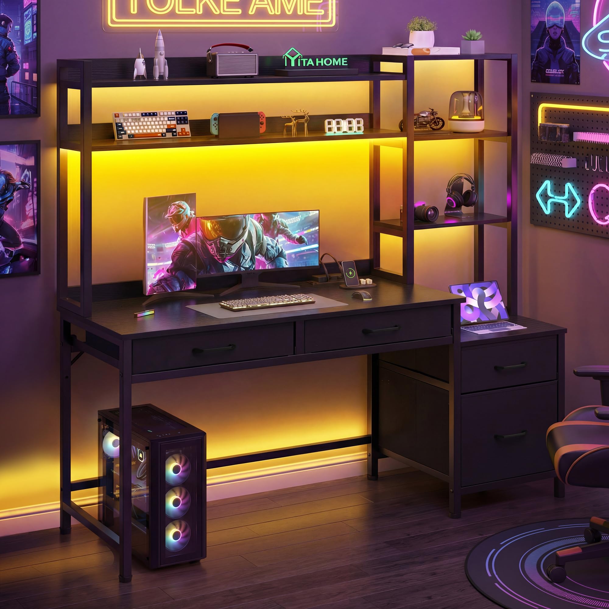 YITAHOME Bureau d'ordinateur avec tiroirs 150cm Gaming LED USB Prise Noir