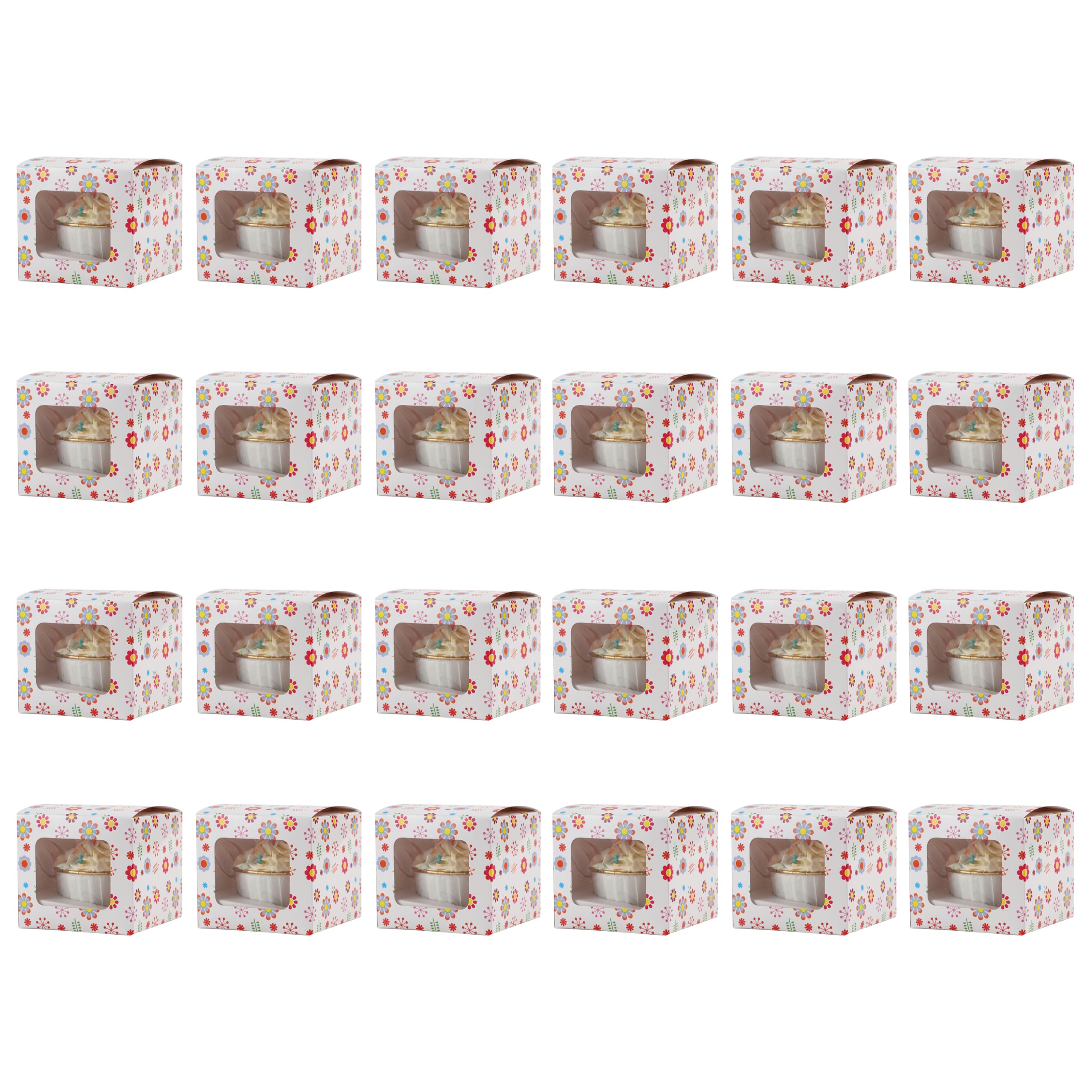 Komonee Girls Pattern 25 X Cupcake Boxes Individual Single Fairy Cup Cake With Clear Window Cardboard Packaging Box Baking Kids Muffins Cookies Brownies Christmas Bake Weddings