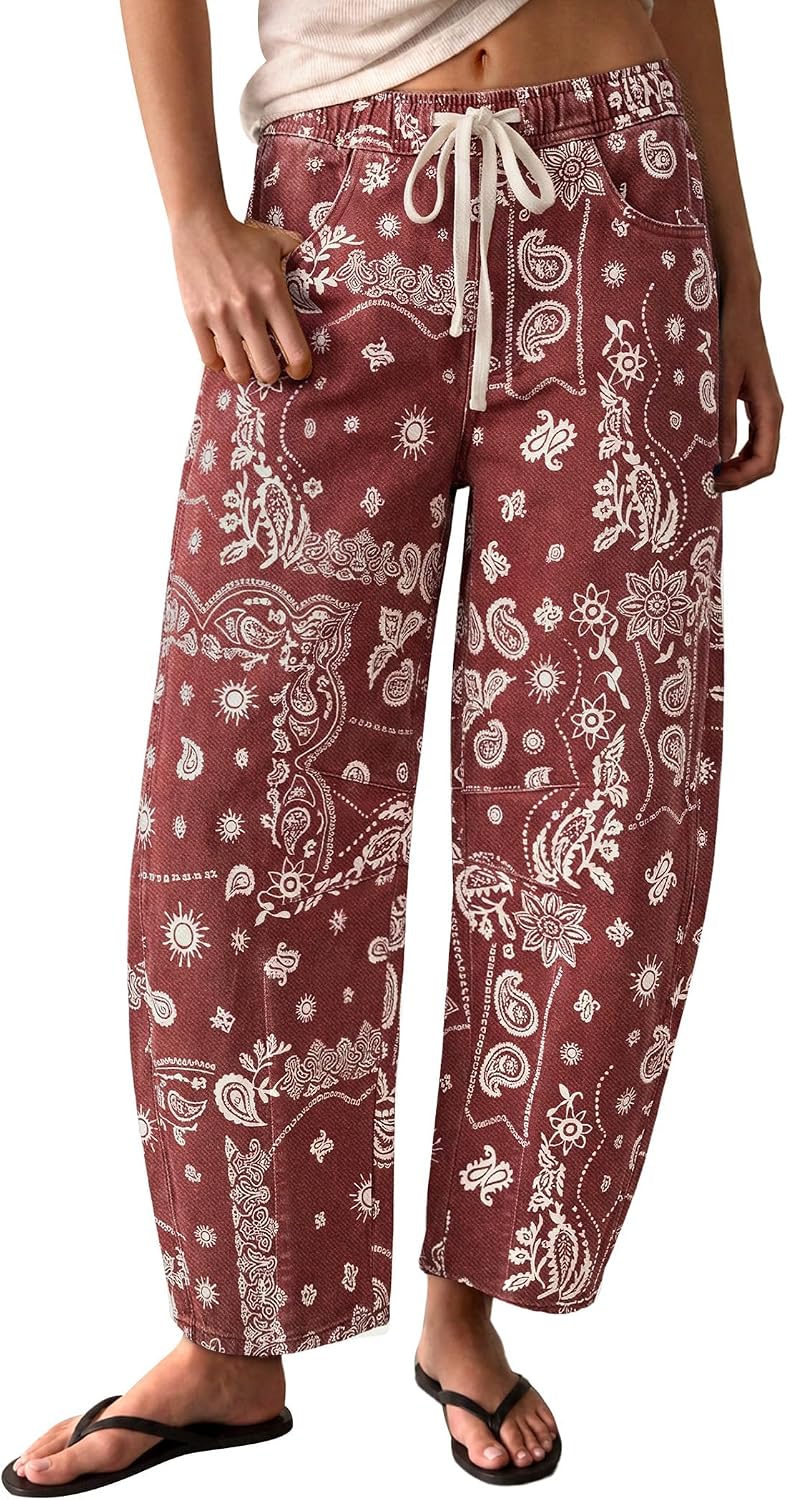 Barrel Jeans Women Cropped Baggy Jeans Western Outfit Red Ethnic Print M | Patterned jeans, boho pants, y2k, boyfriend jeans, cowgirl outfit, christmas, patchwork, mid rise, going out, vacation