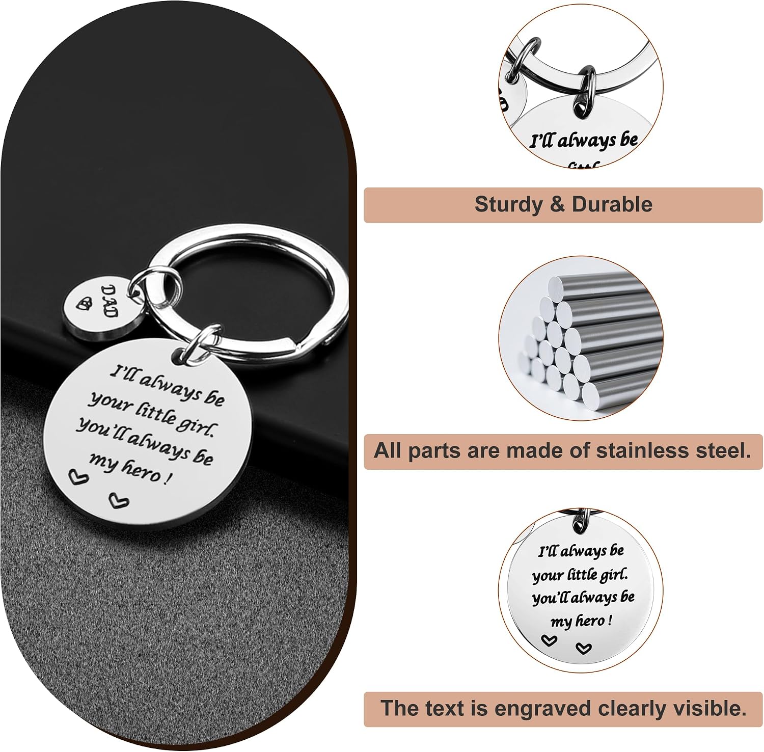 Father’s Day Gift - Dad Gifts from Daughter for Birthday Christmas Valentine’s Day, I'll Always Be Your Little Girl, You Will Always Be My Hero Daddy Keychain, Father Daughter Keyring