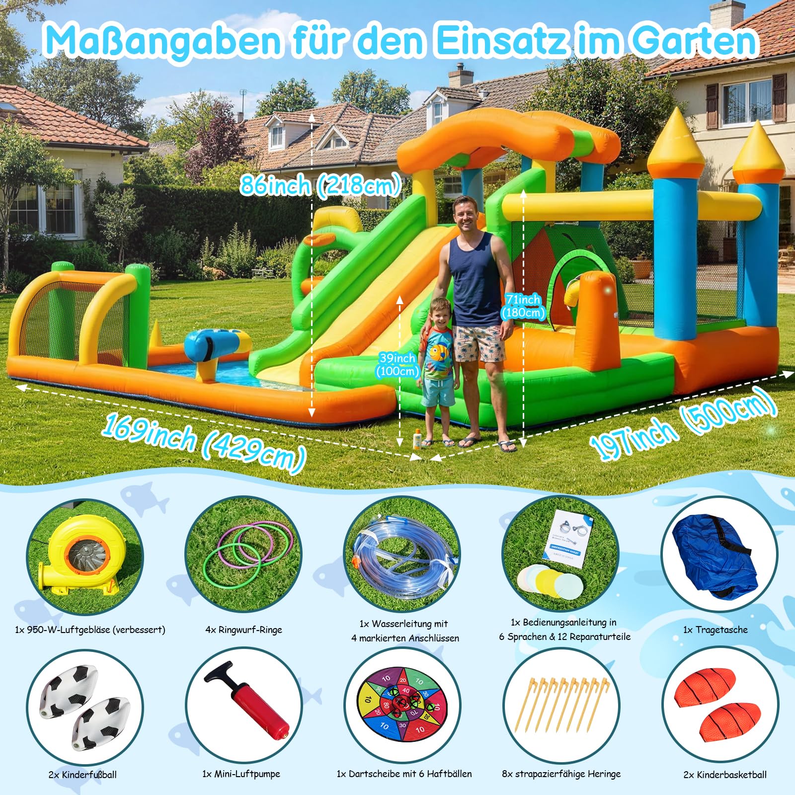 FOOING Gran tobogán acuático inflable con 2 toboganes y piscina infantil para niños, castillo hinchable con dos pistas para fiestas en el jardín y en el patio, diversión de verano al aire libre