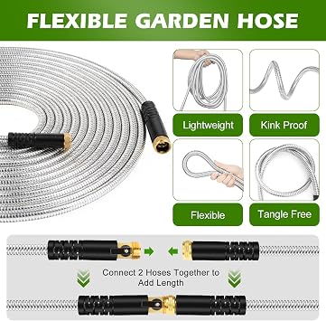 Metal Garden Hose 100 ft Stainless Steel Heavy Duty Water Hose with 10 Function Nozzles Flexible Lightweight Kink-Free Leakproof Sturdy Hoses Pipe 3/4 Brass Fitting for Outdoor Yard Lawn RV