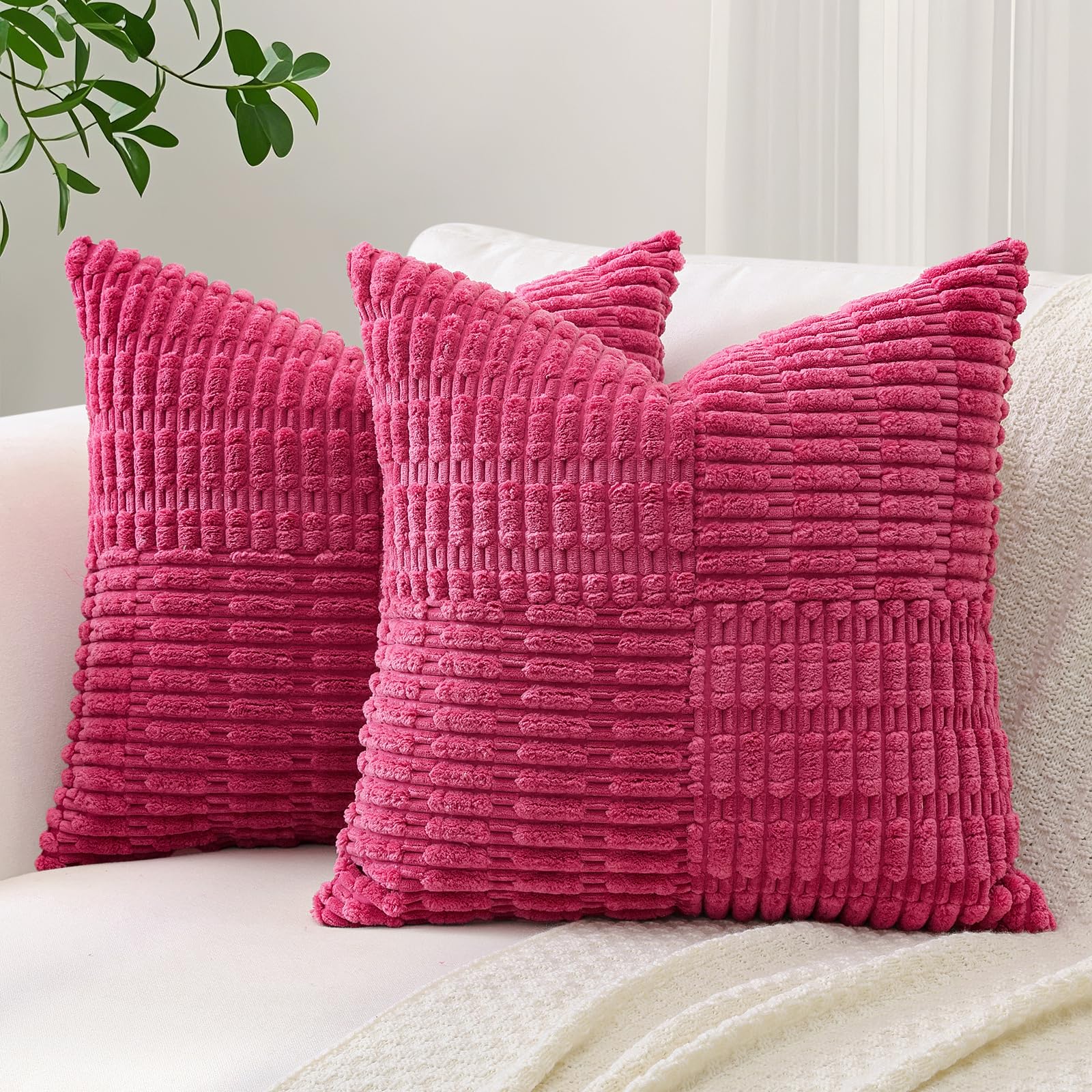 Sungeek Set of 2 Decorative Cushion Covers 45 x 45cm Soft Corduroy Striped Cross Patchwork Textured Pillow Cases Boho Farmhouse Square Throw Pillow Covers for Sofa Bed Patio 18x18 Inch, Hot Pink — image 1