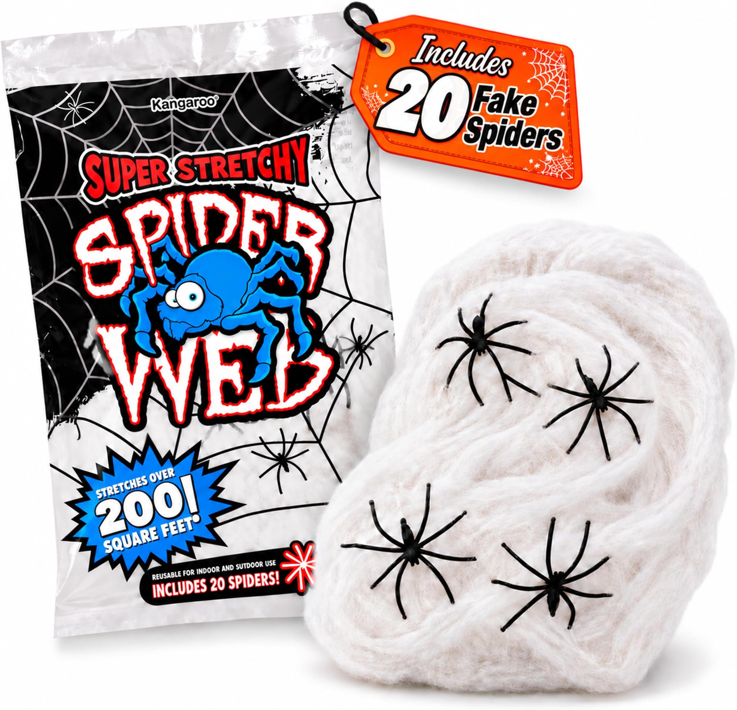 Kangaroo 200 sq. Ft Fake Spider Webs with 20 Fake Spiders for Decorations