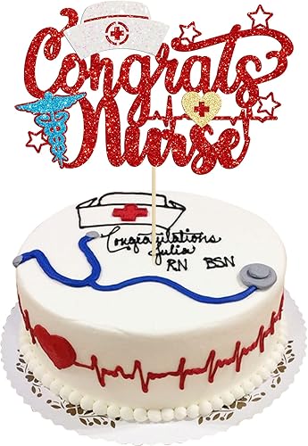 Gyufise 1 decoración para pastel de enfermería con tapa de enfermera, purpurina roja de enfermería, selección de pastel de graduación, tema médico