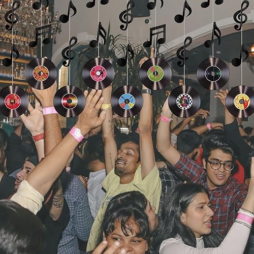 Miniatura 5 de 9 unidades de discos de vinilo y notas musicales para colgar, guirnalda de fiesta retro preencordada de rock and roll para fiestas de los años 50,