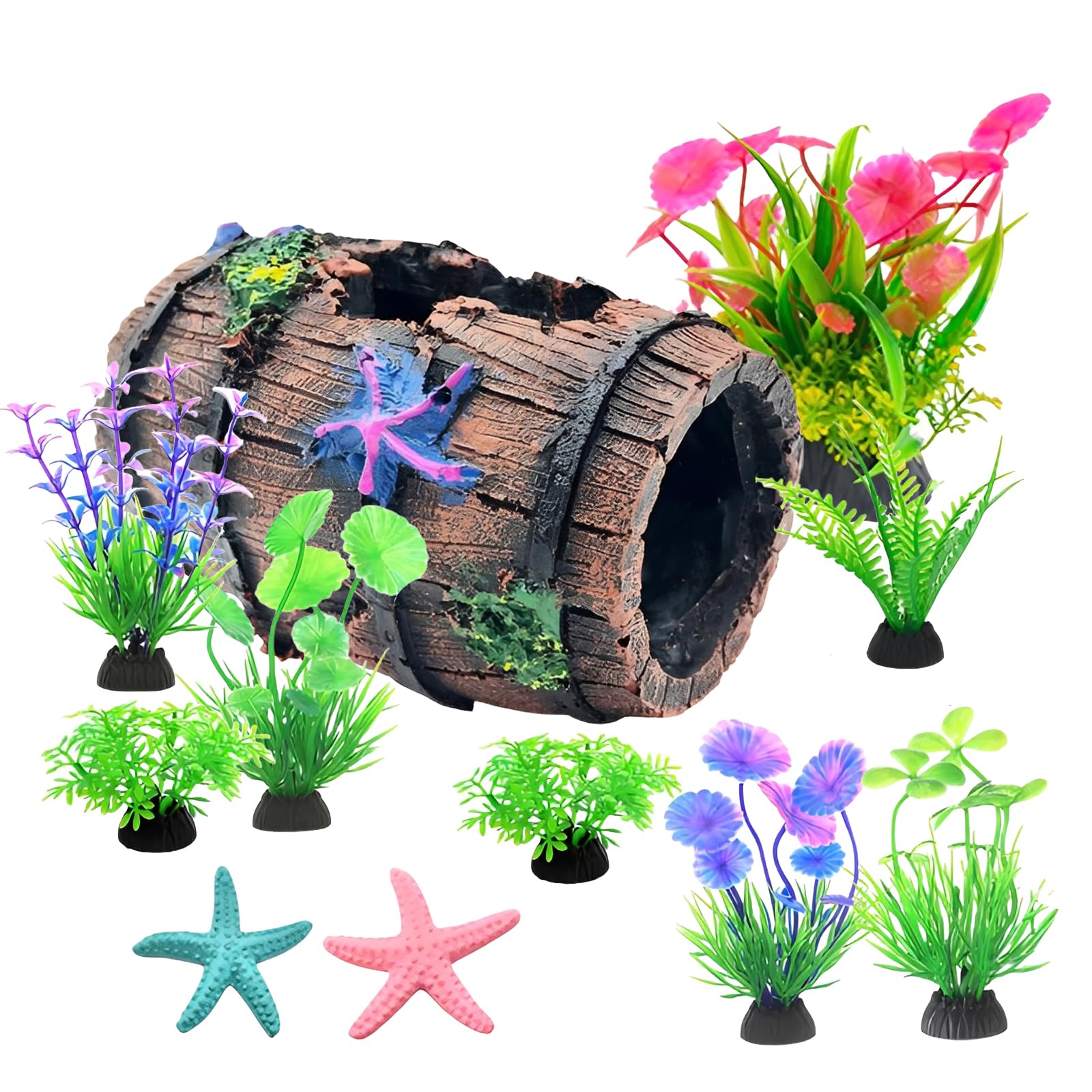 Fish Tank Decorations, Versatile Betta Fish Tank Accessories Stability Aquarium Ornaments Realistic Broken Barrel Cave Decor with 2 Starfish Bucket & 8 Aquarium Plants for Fishes and Shrimp Hiding
