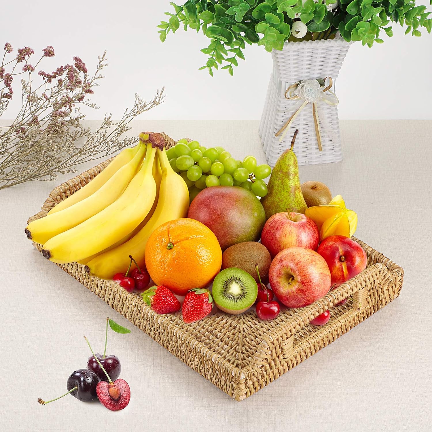 Hot Deals Hipiwe 2PCS Wicker Basket Serving Tray with Handles Handwoven Rattan Baskets Storage Trays Home Decorative Organizer Tray for Snack Fruit Breakfast Food Coffee Bread Gift for women Girls