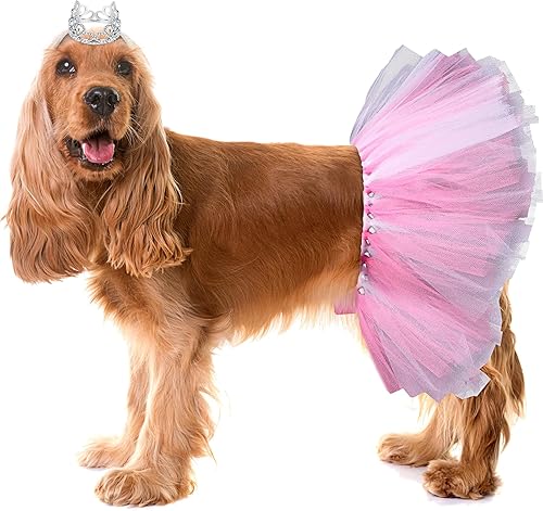 Miniatura 8 de Juego de 2 piezas de corona de perro con diadema y tutú para perro, con diamantes de imitación de cristal, tiara, corona, falda tutú, vestido para
