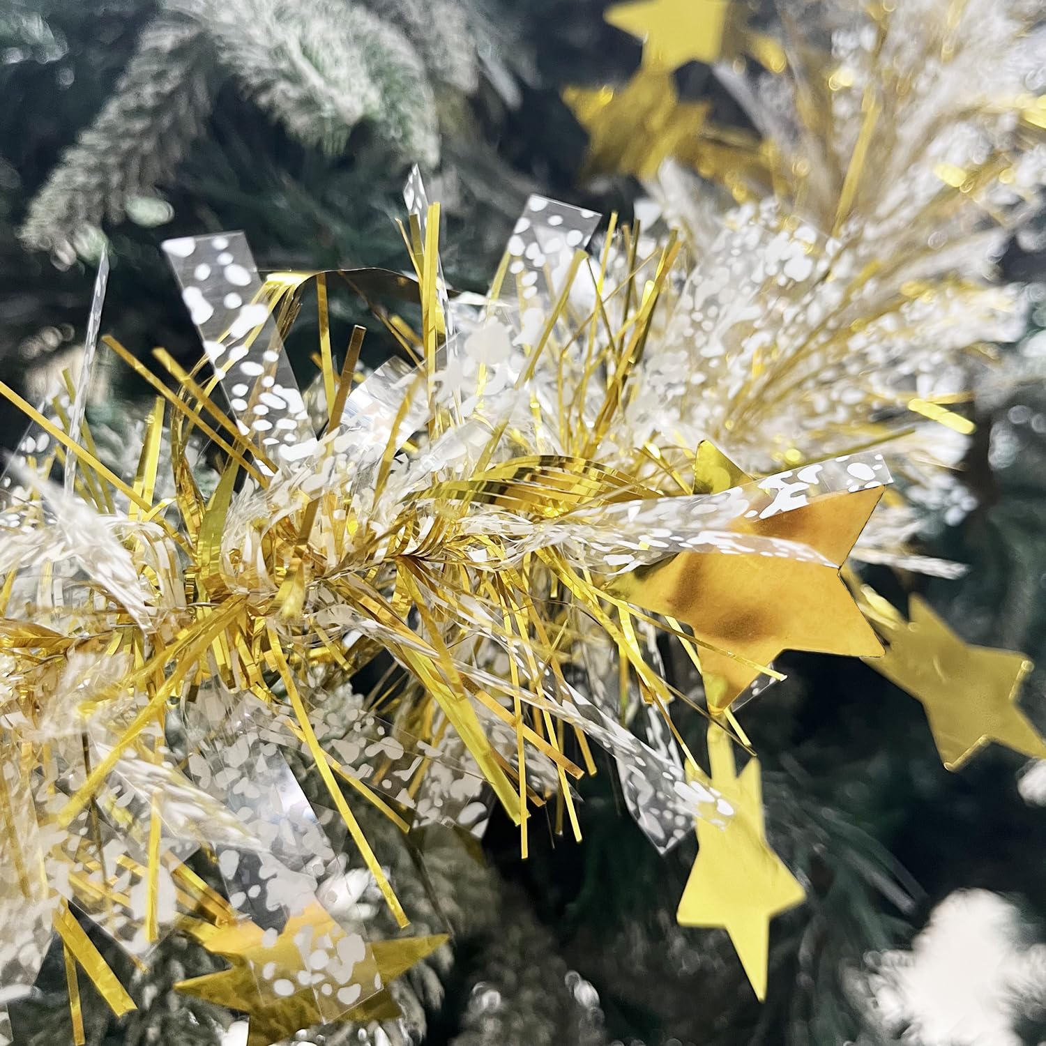 Gold Translucent Christmas Tinsel Decoration - 10m/32.8ft Chunky & Fine Tinsel for Tree, Translucent Gold Star, 10 m