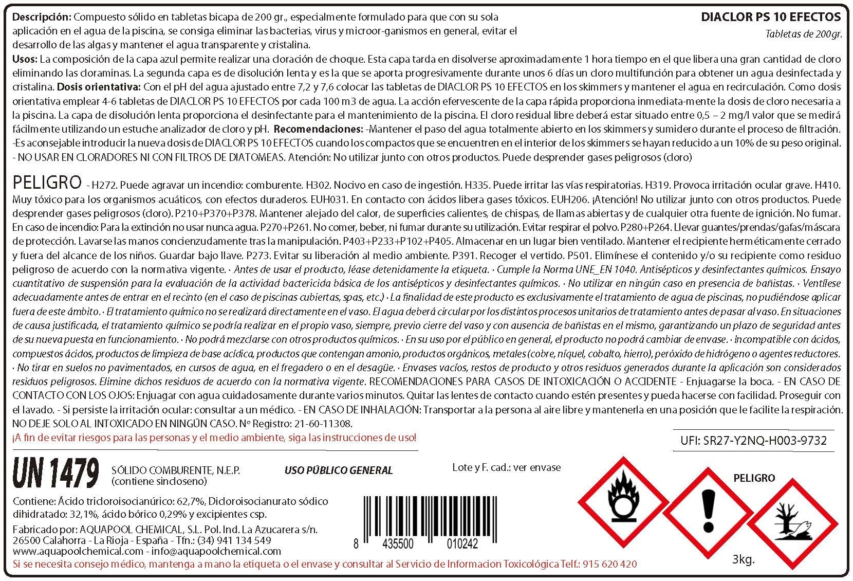 Cloro Total para Piscinas DIACLOR PS 10 Efectos 3 KG - 30 Pastillas de Cloro Multiacción (100 gr) - Tratamiento Completo Profesional 10 Acciones -