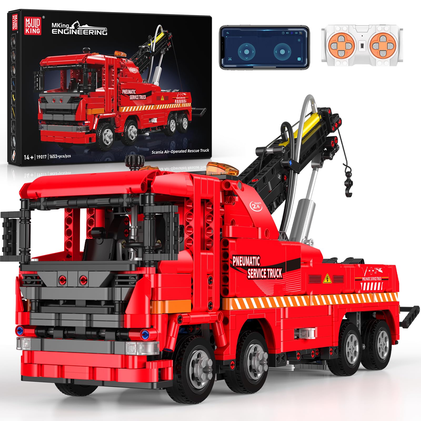 Mould King 19017 Technik Scania Druckluft-Rettungsfahrzeug LKW Bausatz, Ferngesteuertes Motor-Modell mit über 1653 Bausteinen, Konstruktionsspielzeug für Jugendliche und Sammler