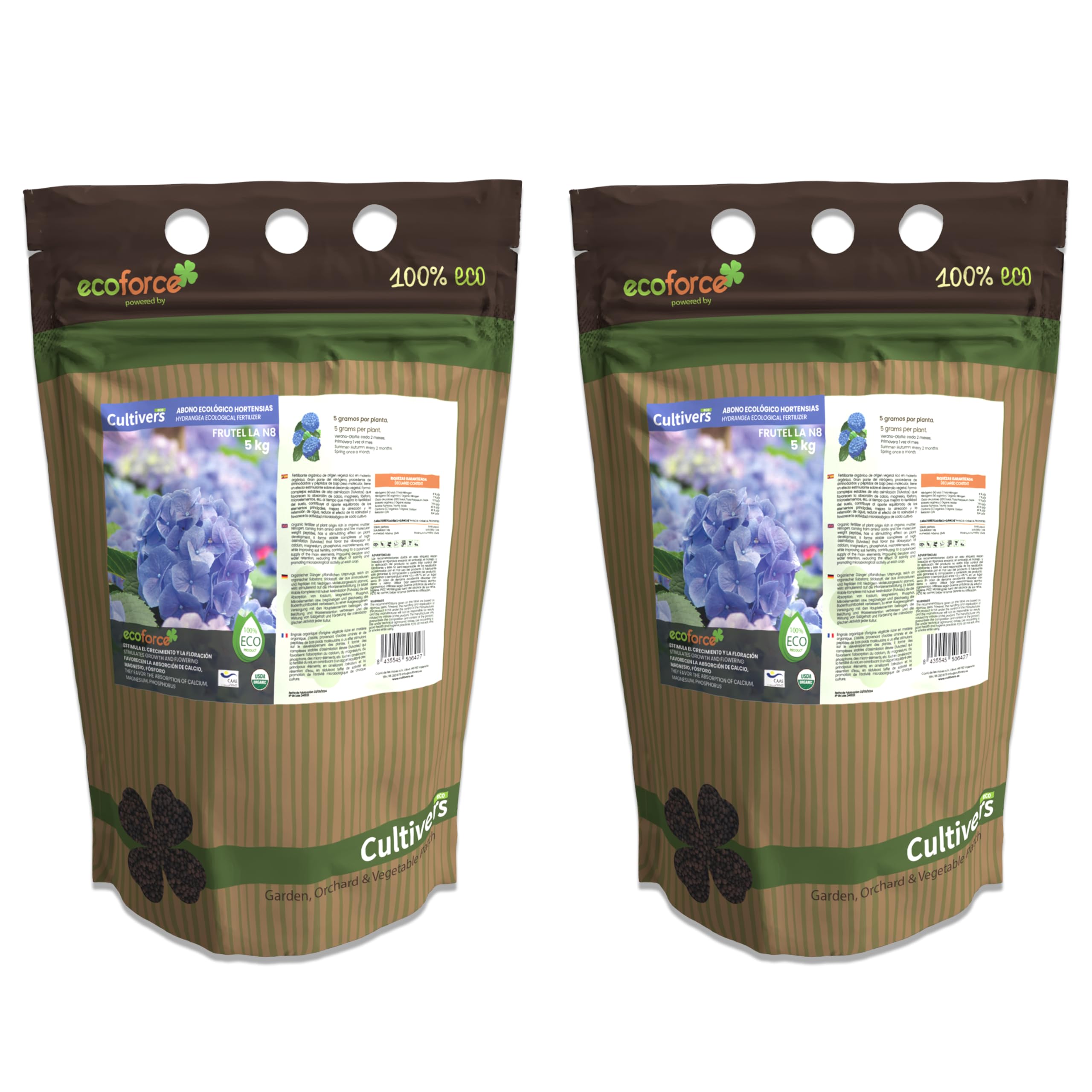 CULTIVERS Abono Hortensias y Camelias Ecológico 2x5kg. Fertilizante de Origen 100% Orgánico y Vegano. Potencia la Floración y activa el color de las flores