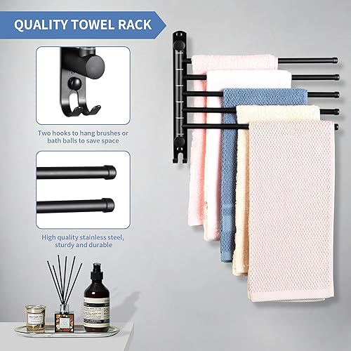 Miniatura 5 de Toallero giratorio, toallero con rotación de 180 montado en la pared, 5 brazos de acero inoxidable SUS 304, ahorro de espacio para cocina, baño,
