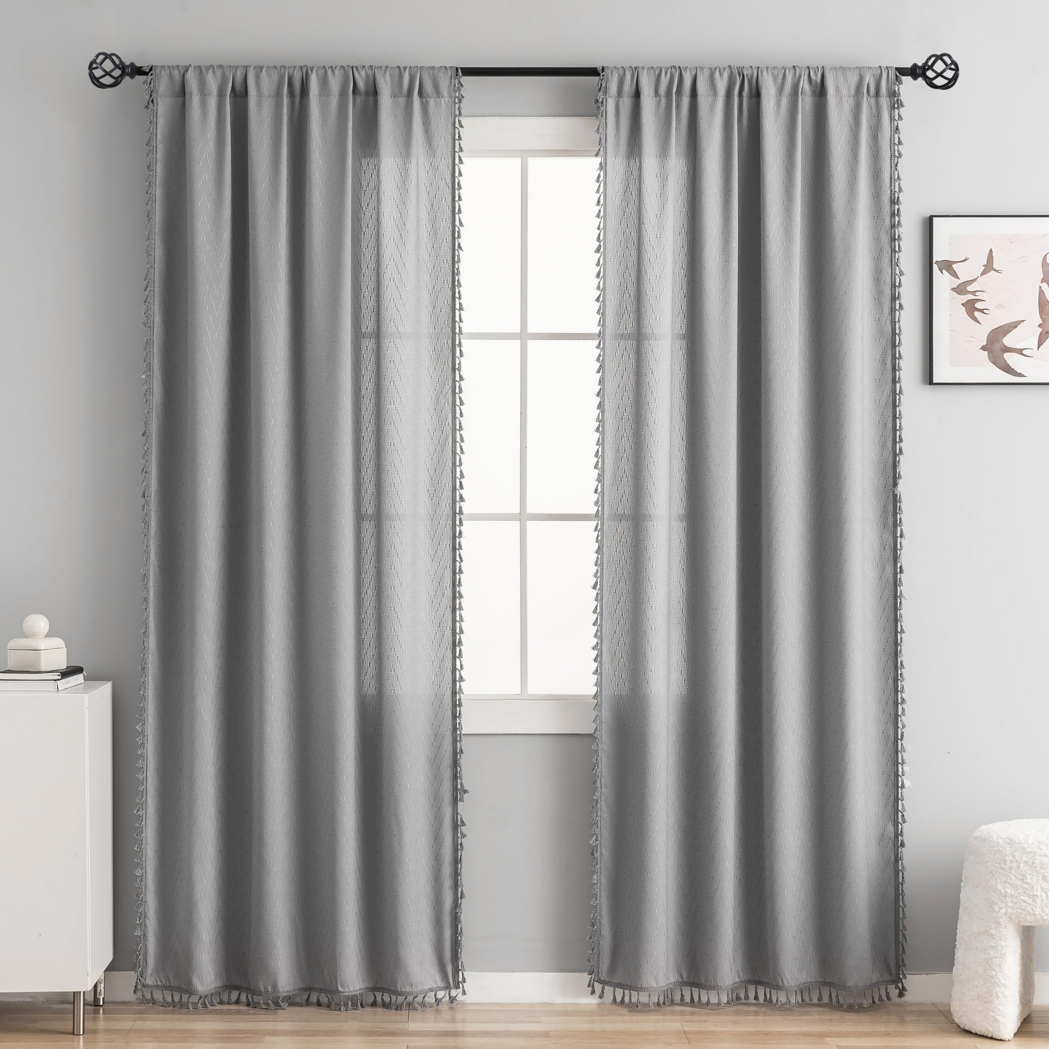 VOILYBIRD Farmhouse Curtains Tassel Fringe Geometric Design Boho Curtains 90 Inches Length 2 Panels Set, W40 x L90, Grey