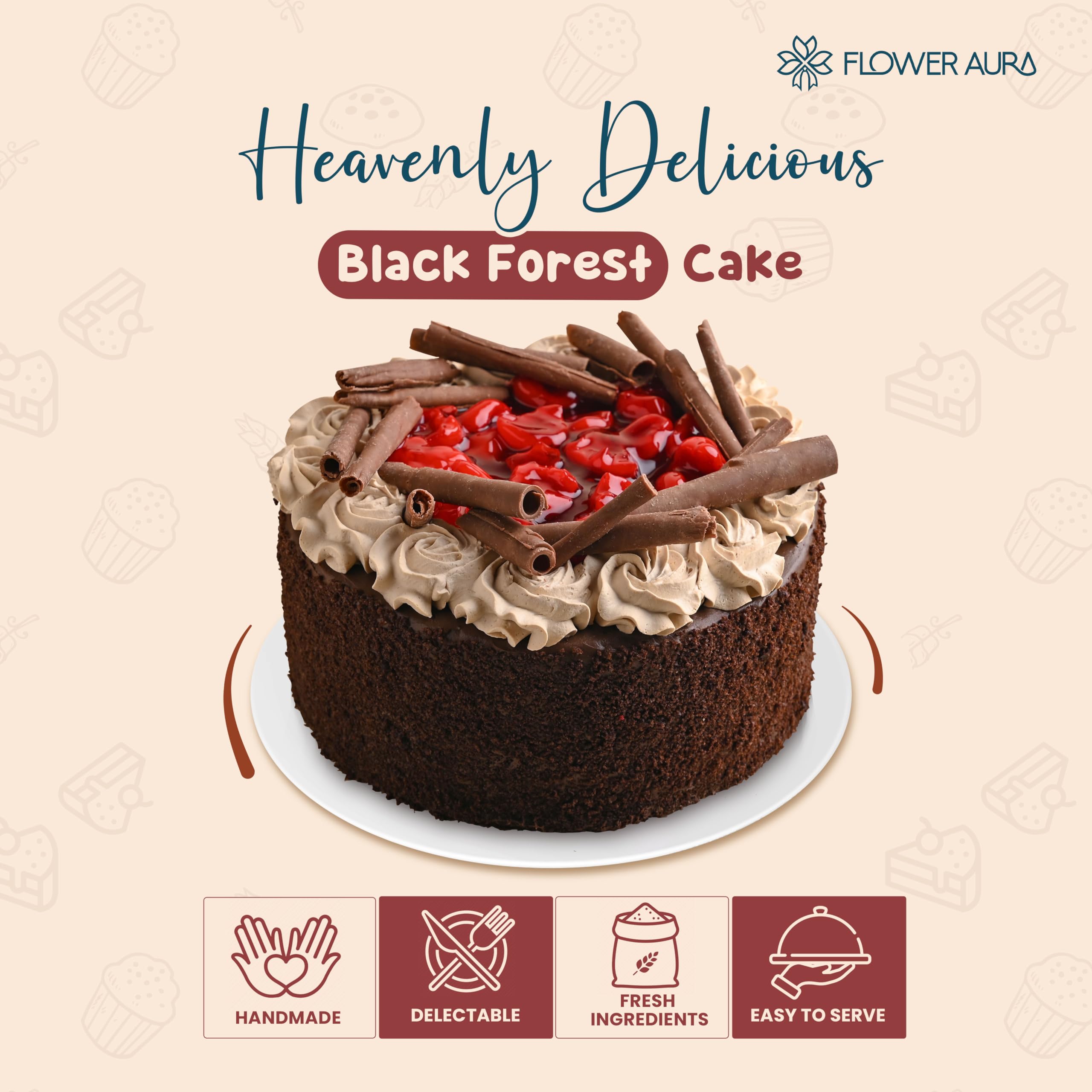 FlowerAura Delectable Cherry Black Forest Treat Delicious Cake Gift's For Birthday, Anniversery, Valentine's Day, Mother's Day, Party (0.5kg) (Same Day Delivery) 1