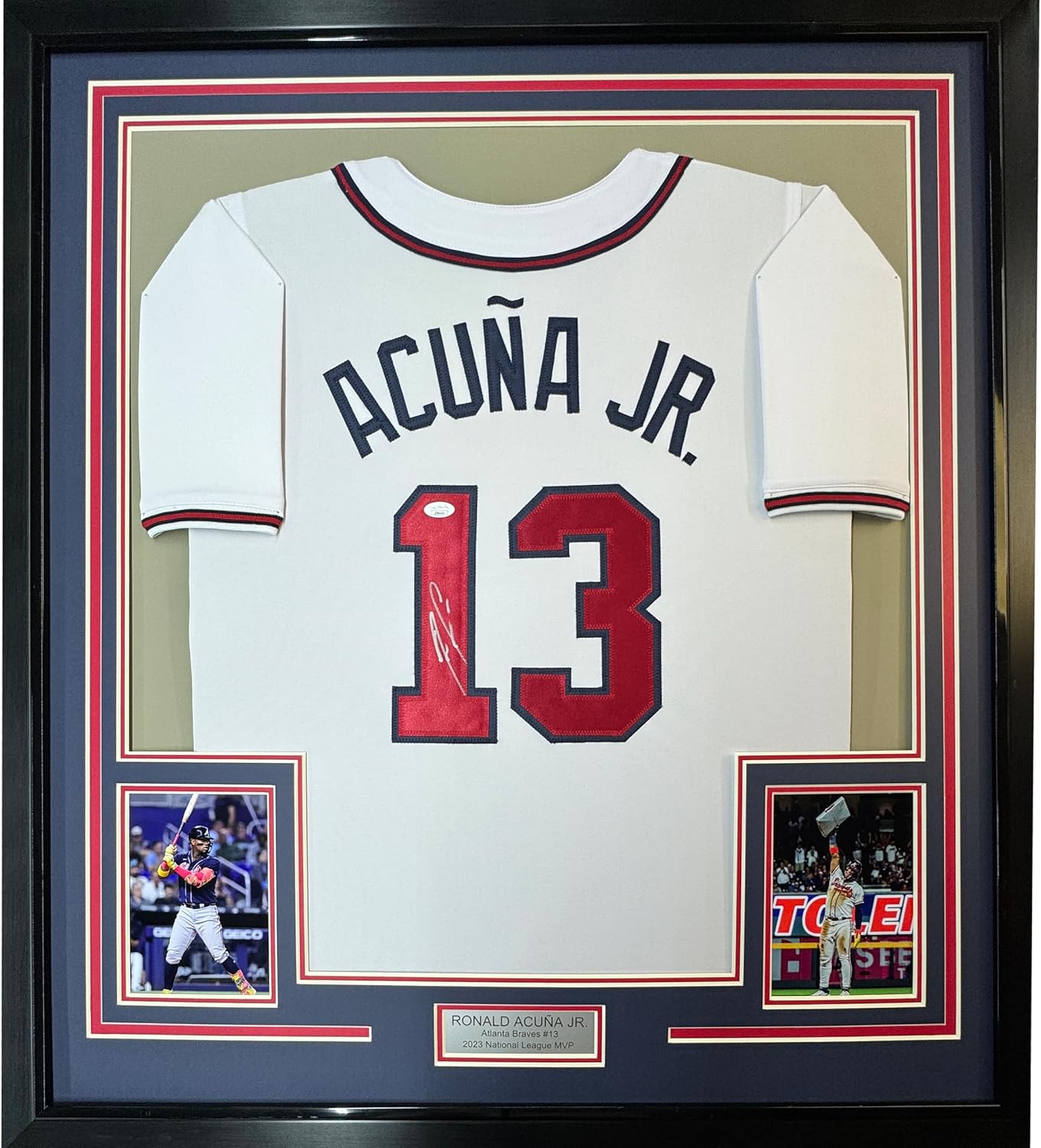 Framed Autographed/Signed Ronald Acuna Jr. 33x42 Atlanta White Baseball Jersey JSA COA