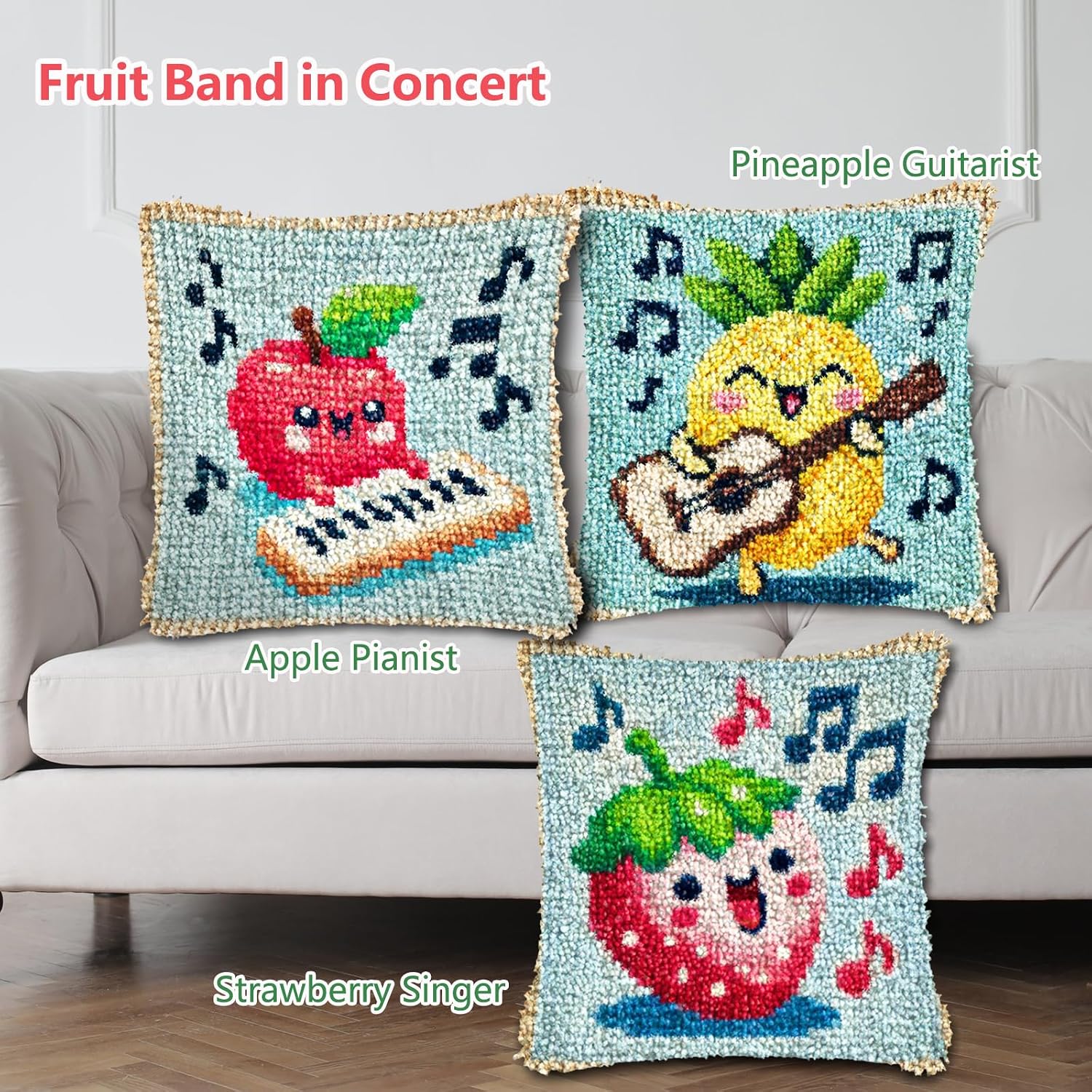 YP Handmade Pillow Covers Strawberry Singer Latch Hook Kit - 18x18 Inch DIY Craft for Adults & Kids, Creative Project for Throw Pillow Inserts & Home Decor