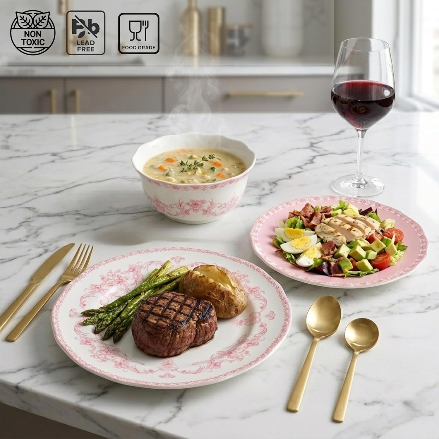 222 Fifth Genevieve 12-Piece Pink Porcelain Dinnerware Set | Microwave and Dishwasher Safe Big Dinner Plates and Bowls Sets for 4 | Chip-Resistant Blush Ceramic | Gifts for Housewarming & Wedding