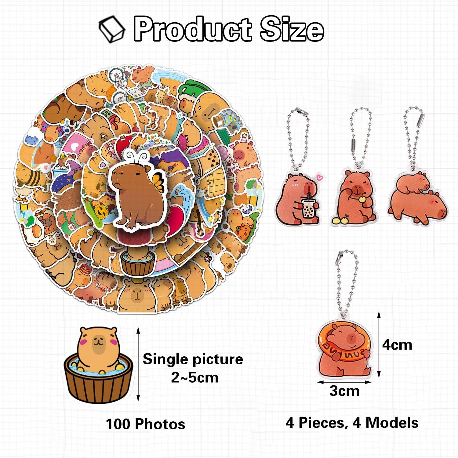 HINFHI 100 Cartoon Capybar Stickers And 4 Pieces Capybar Keychains, Cute Animal Stickers, Fun Keychains, Children'S Gifts - Image 2