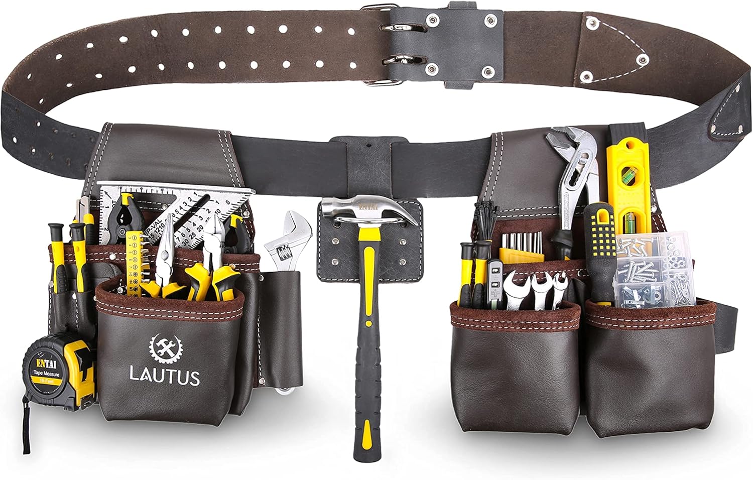 LAUTUS Oil Tanned Leather Tool Belt Rig, Carpenter, Construction, Framers, Handyman - 100% LEATHER |Adjustable Pockets| 8 Pockets | 4 Loop & Hammer Holder| - - 