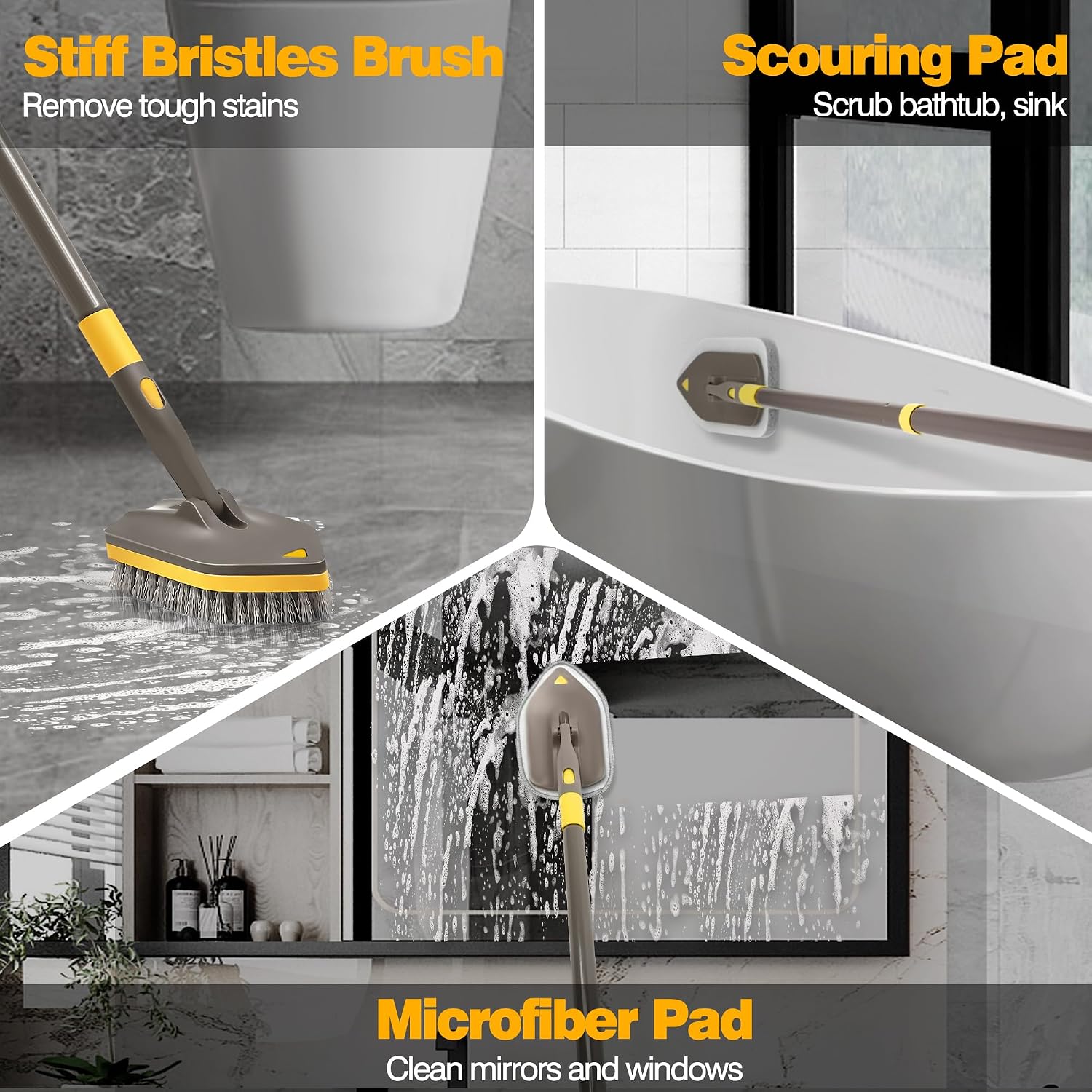 NEWE Shower Cleaner Brush, Tub Tile Scrubber with Telescopic Long Handle 56 inches, 4 Scrub Heads for Cleaning Bathroom Bathtub Floor Baseboard Sink Kitchen Toilet (Brown Yellow)