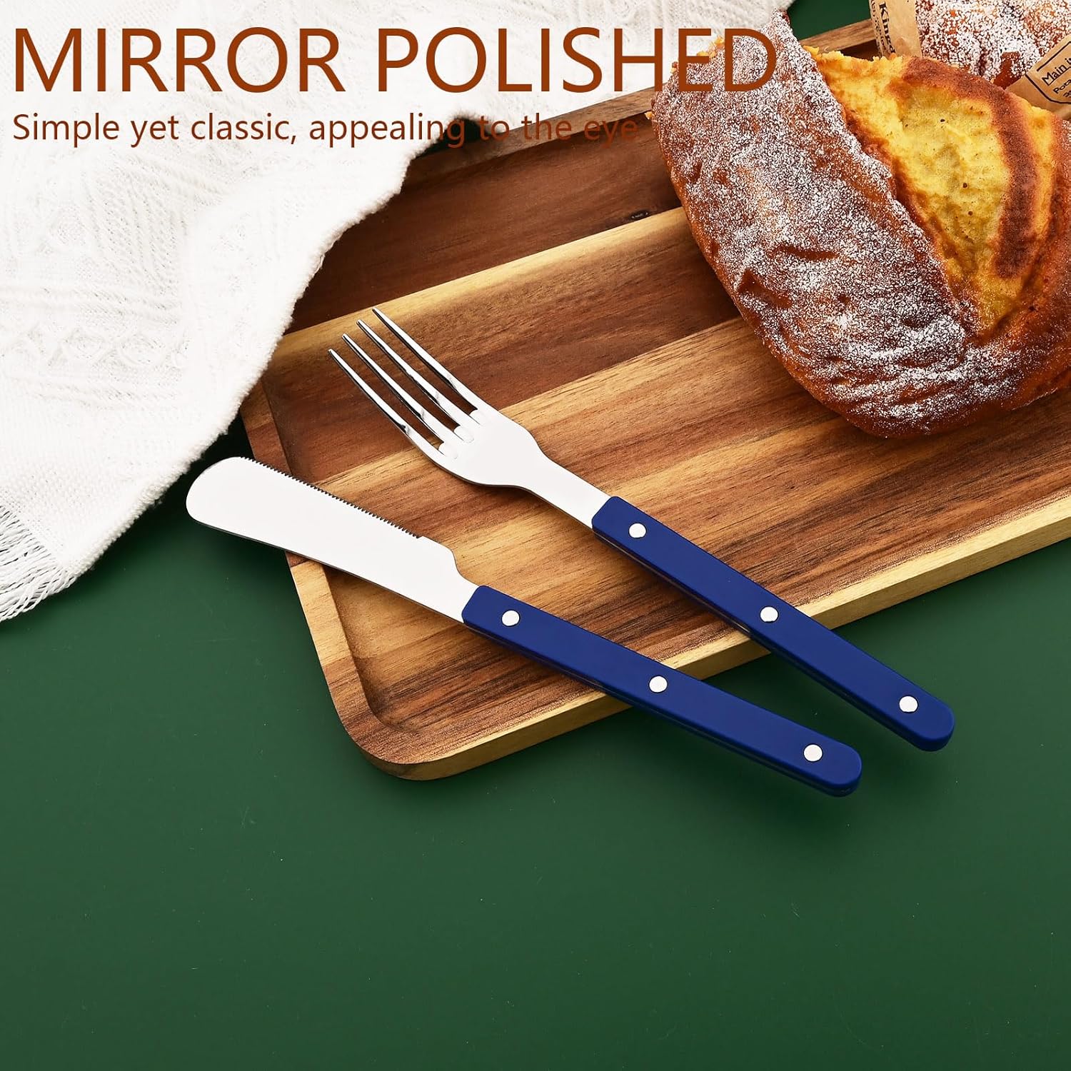 20 PCS Stainless Steel Flatware Set for 4, Silverware Set with Colored Handles, Retro Style Forks Spoons and Knives Set, Vintage Eating Utensils, Blue Acrylic Handle with Rivets Design