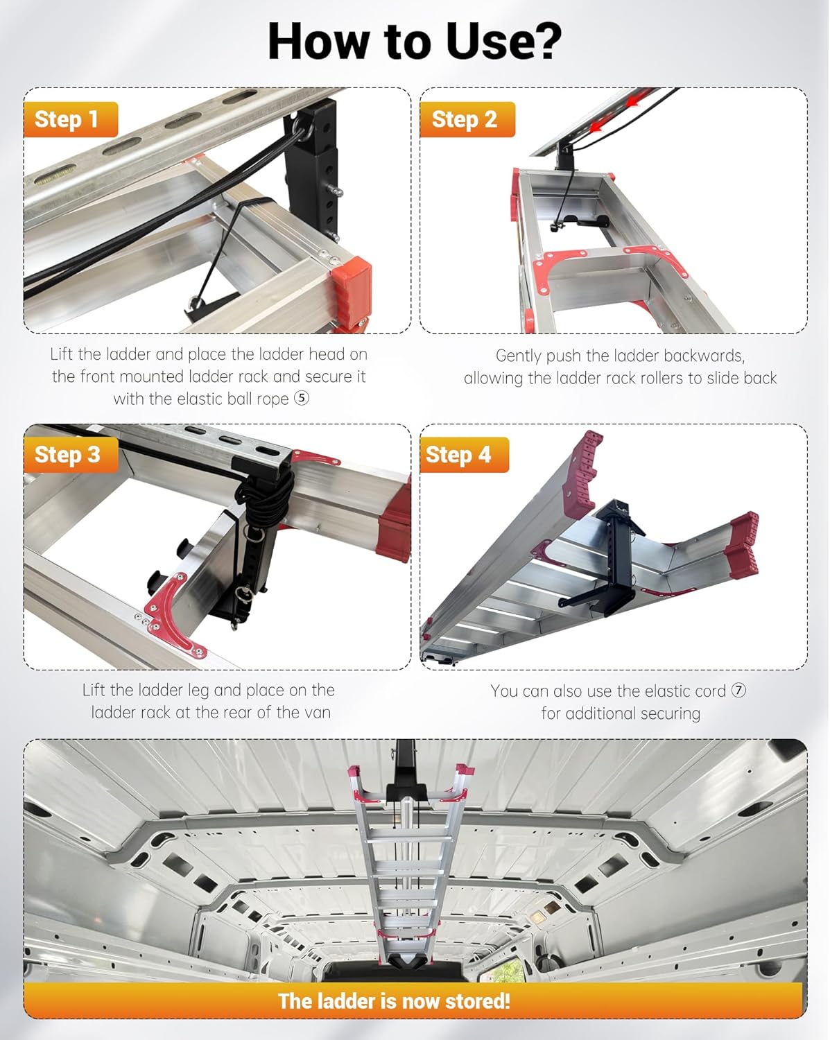 Van Interior Sliding Ladder Holder for Van & Truck Cap (Requires 1-5/8" x 13/16" Strut Channel), Overhead Ladder Storage System, Easy Ground Access, Secure & Adjustable Vehicle Internal Ladder Rack
