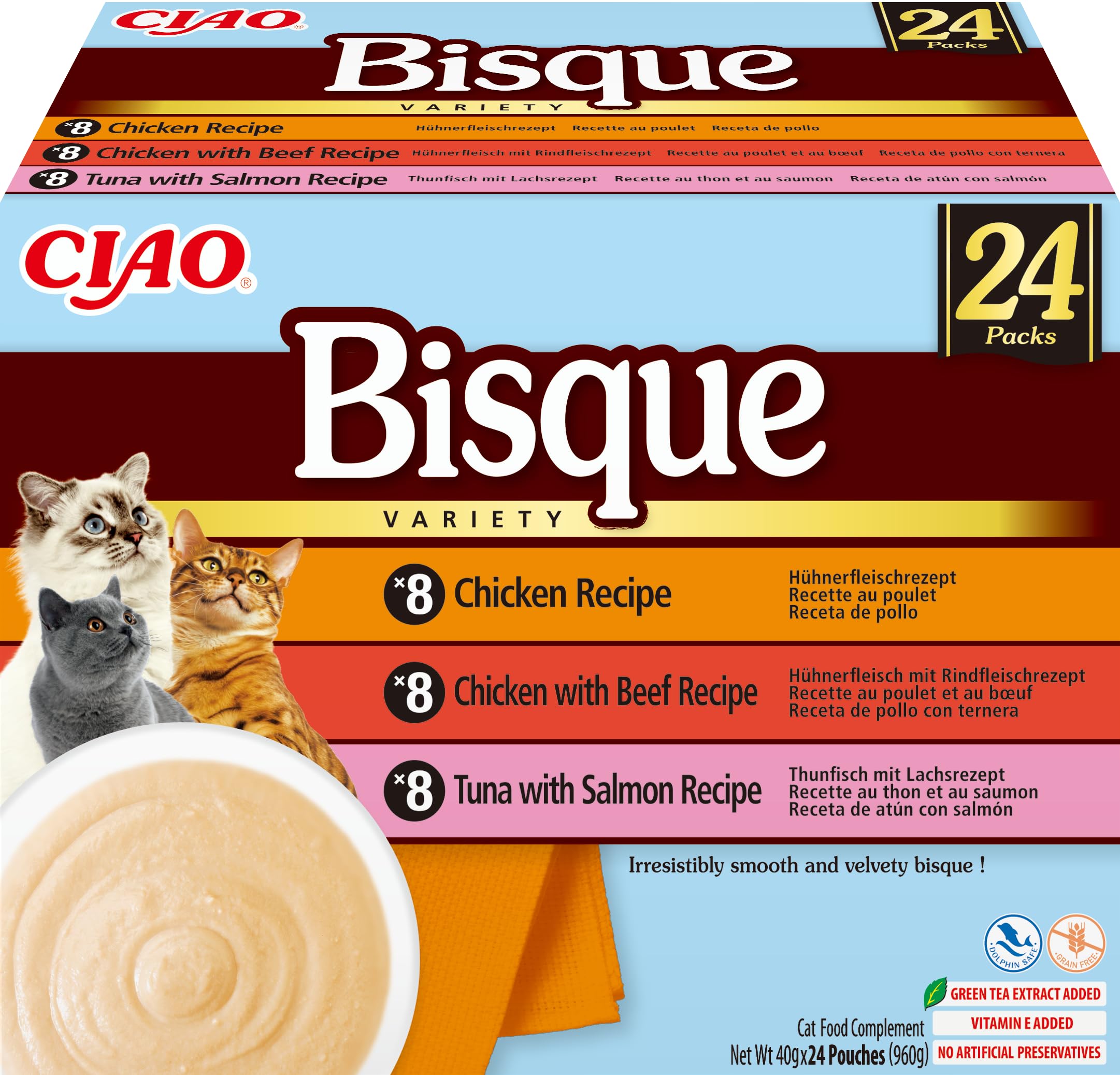 INABA Ciao Bisque Gatos - Receta Saludable de Crema de Pollo y Atún con Salmón - Comida Húmeda - Alimento Complementario Natural, sin Cereales, sin Conservantes ni Colorantes - 960g (24 Sobres x 40g)