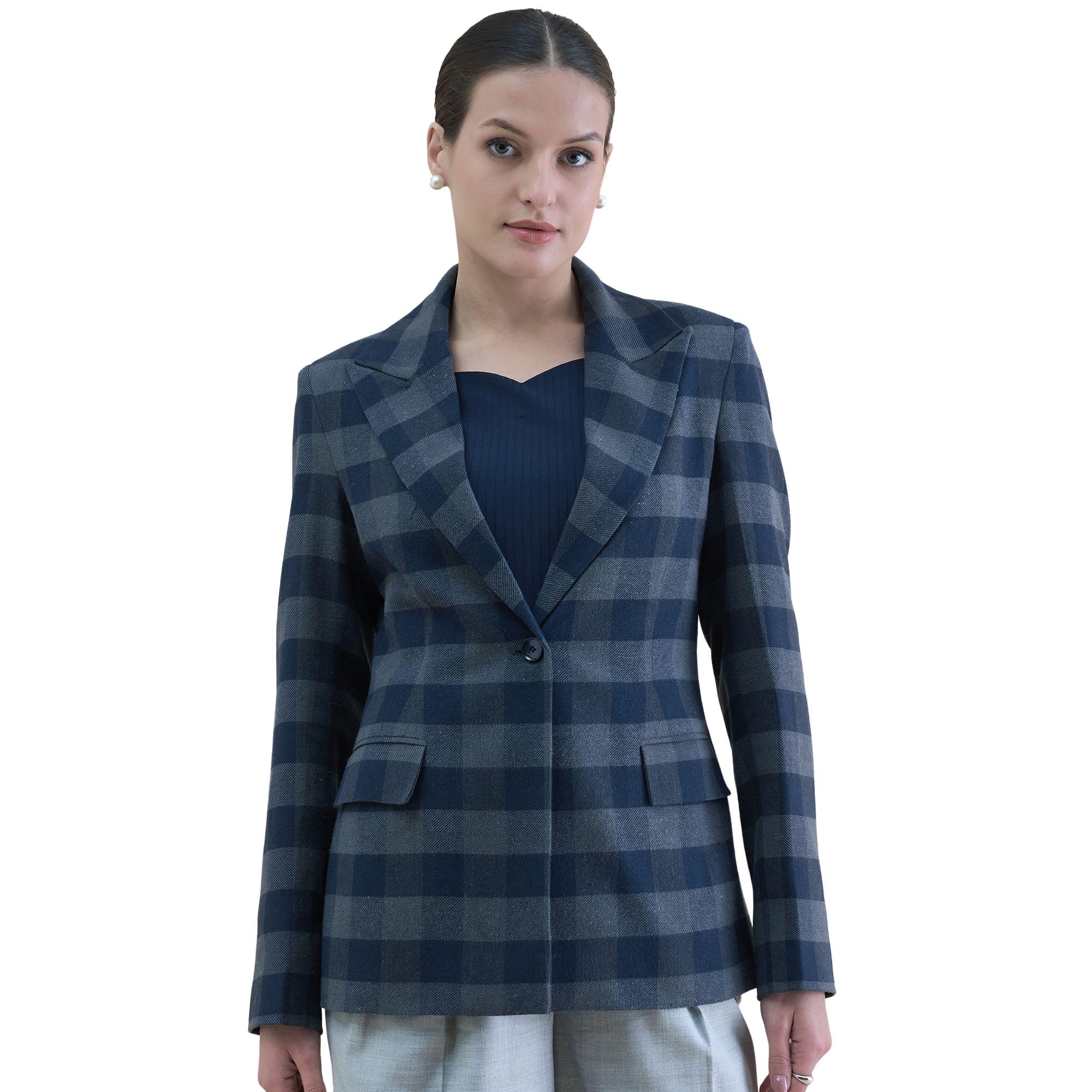 Women's Navy Blue Checked Blazer for Office & Formal Wear | Slim Fit Single-Breasted Coat with Notch Lapel & Workwear Style-image-33