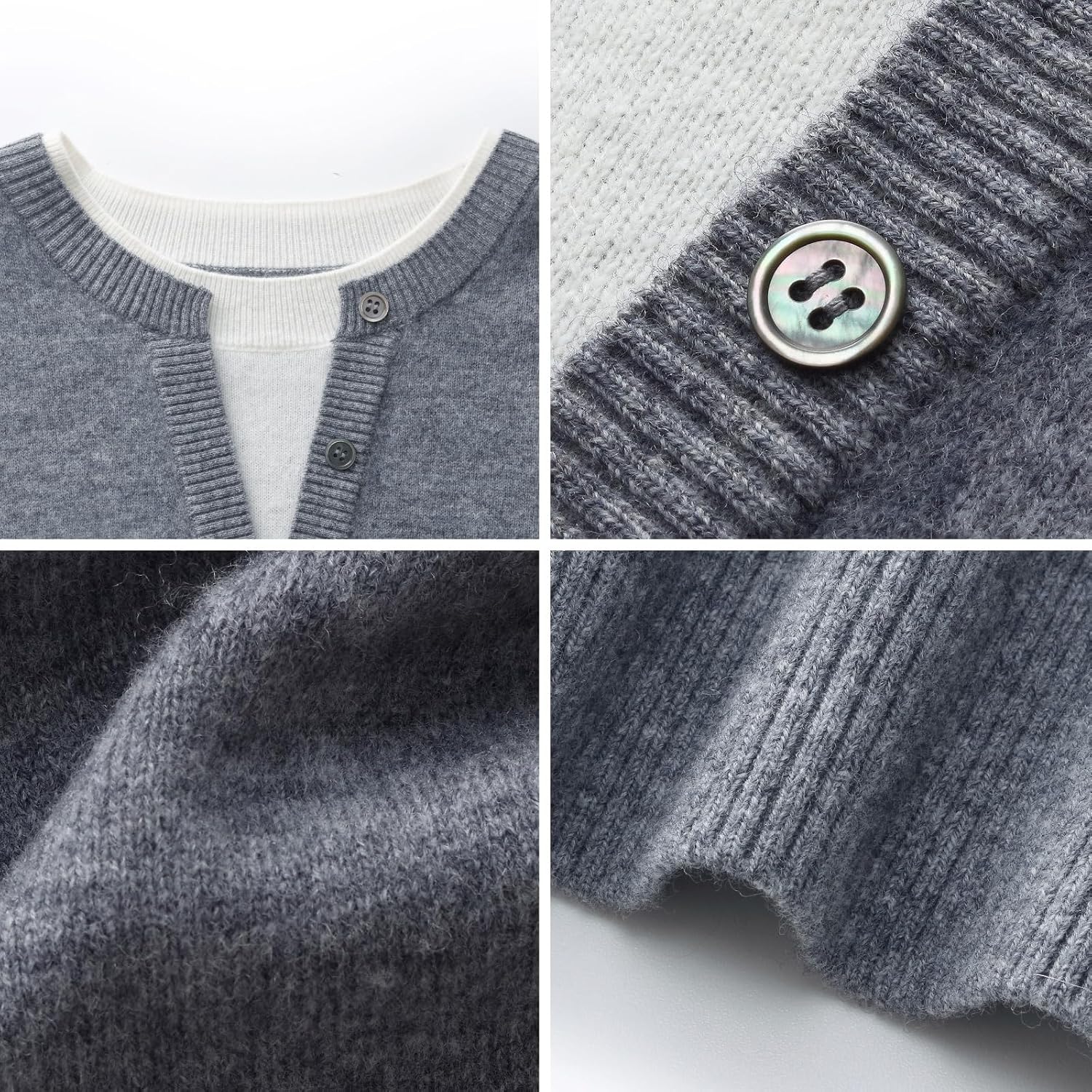 GOELIA Women's Sweaters 100% Merino Wool Gray Crew Neck Long Sleeves Faux Two-Piece Cozy Knit Work Pullover Sweater