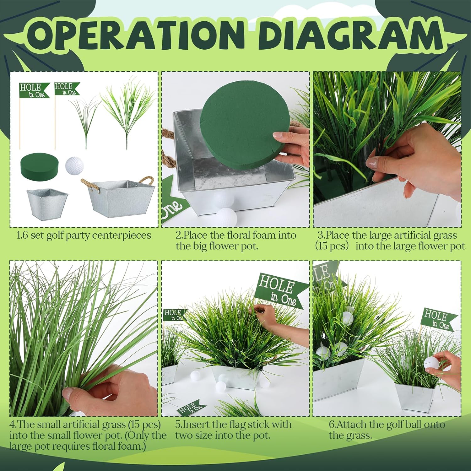 8 Set 162 Pcs Golf Party Table Decorations Sport Themed Party Centerpieces Includes 8 Metal Bucket 24 Mini Golf 120 Artificial Grass 8 Flags and 2Flower Mud for Sport Birthday Decor(Square)