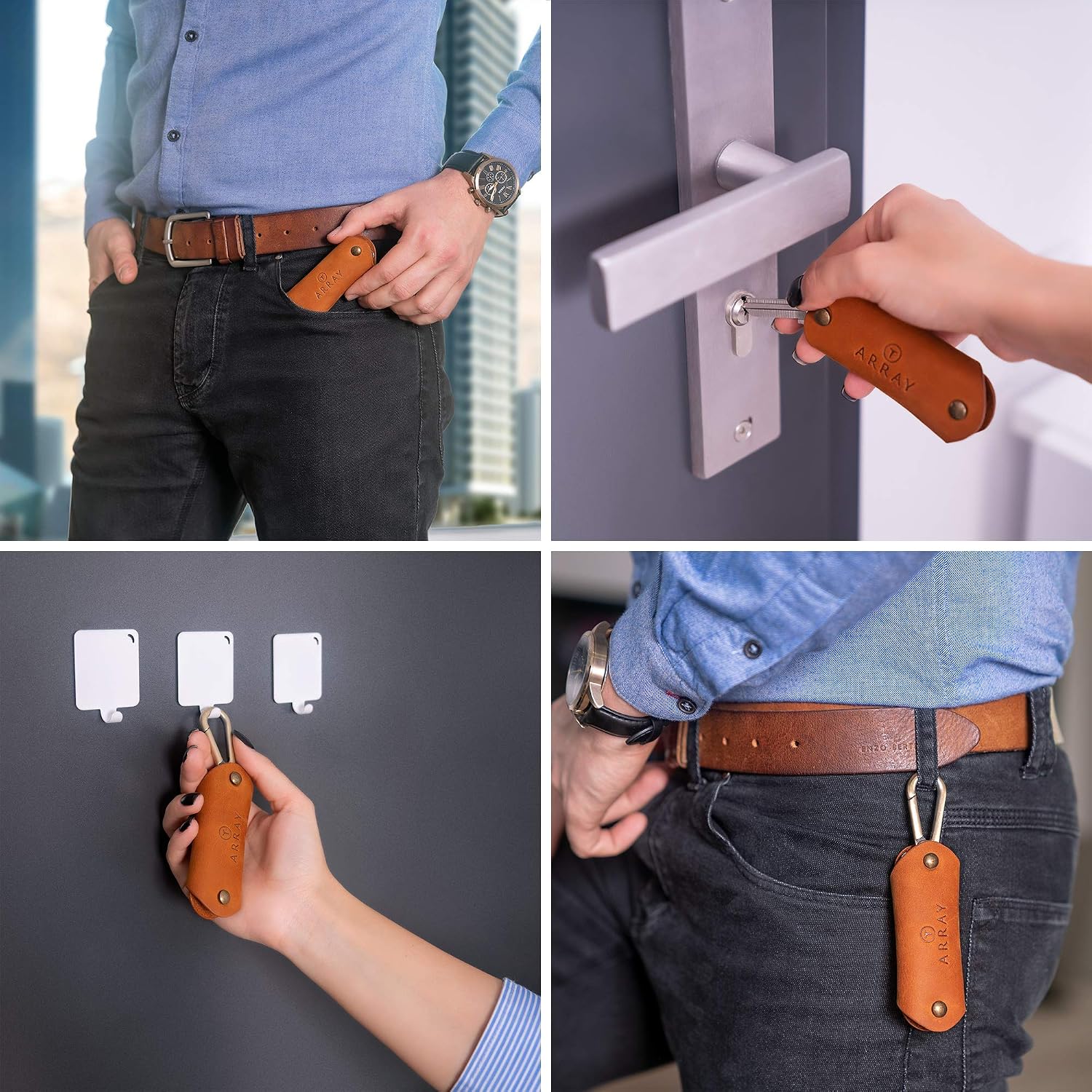 Leather Key Holder by ARRAY Design | Smart Key Holder Organizer with Brass Carabiner for up to 10 Keys | Key Chains for Men and Women