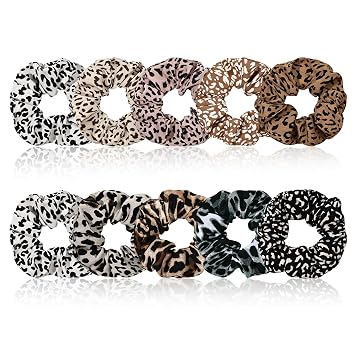 10-Piece Animal Print Satin Hair Scrunchies for Women & Girls, Cute No Damage Hair Ties Stylish Ponytail Holders, Fashion Rubber Bands for Womens Thin/Thick Hair Leopard Print